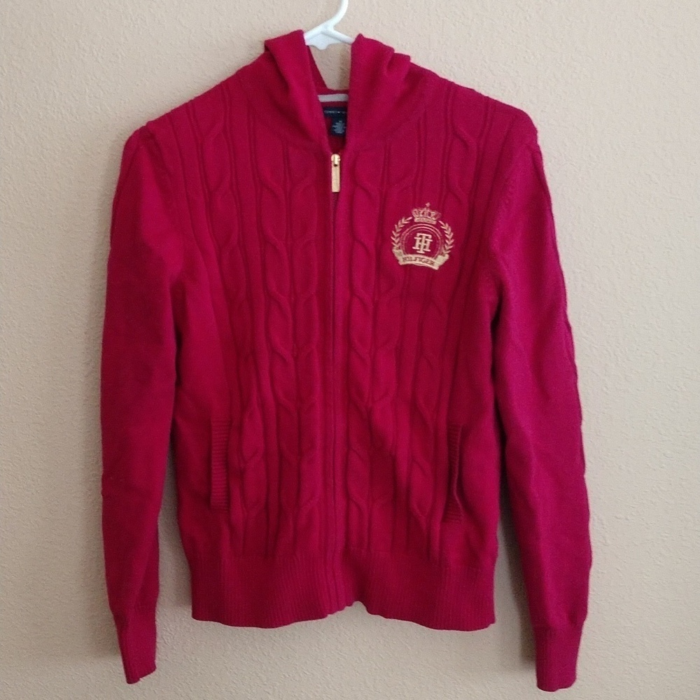 Vintage Tommy Hilfiger Cable Knit Full Zip Hooded Sweater Size M